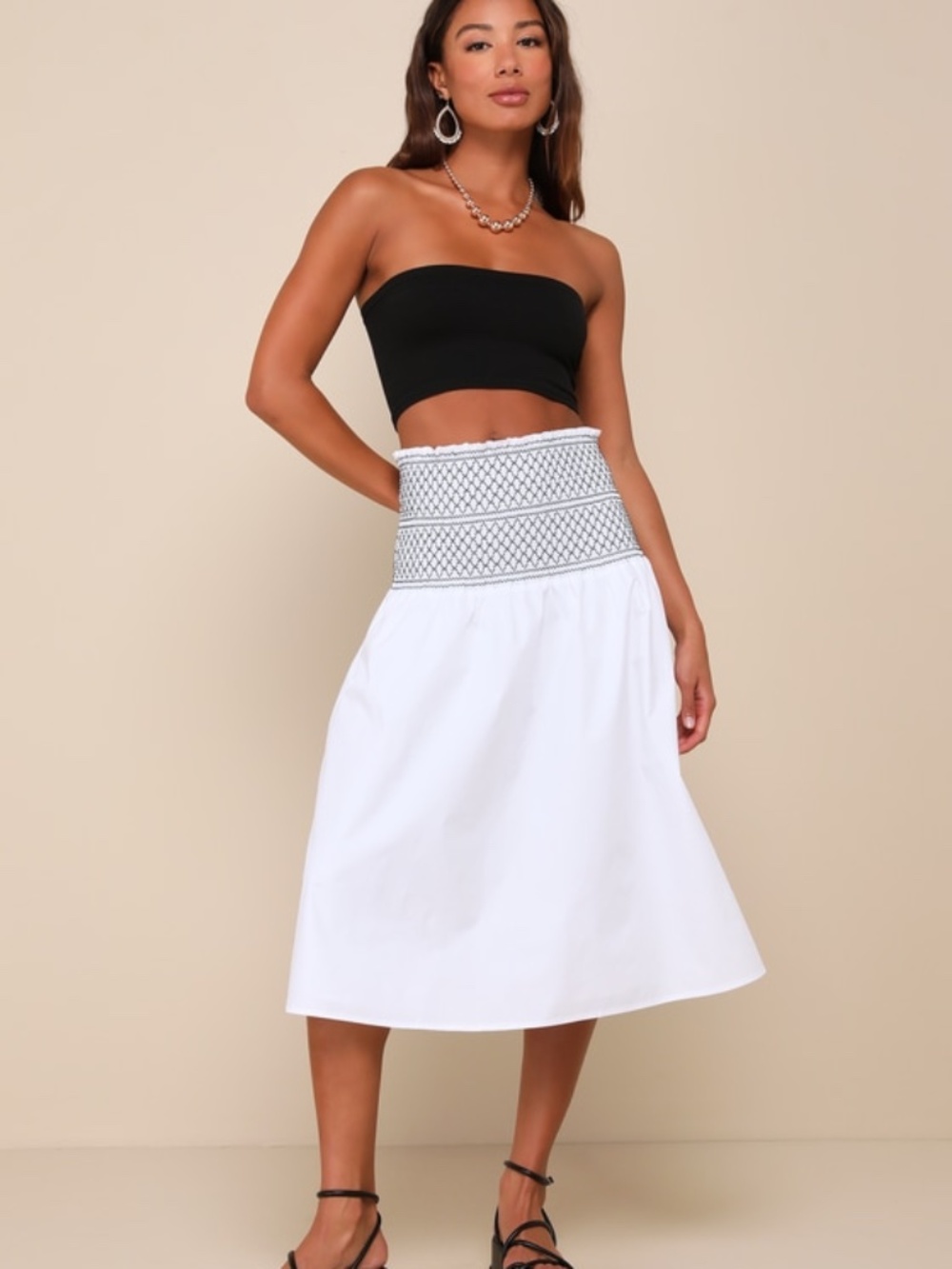 Lulus Relaxed Cuteness White Smocked Embroidered Midi Skirt - Size S